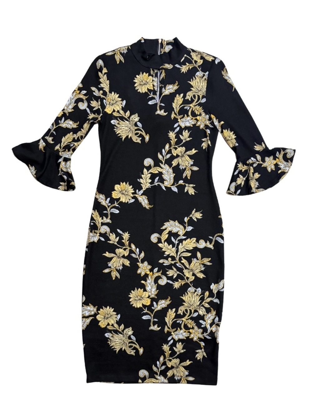 Black Gold Mock Neck Bell Sleeve Floral Dress Size 4 Sheath Stretch Gabby Skye